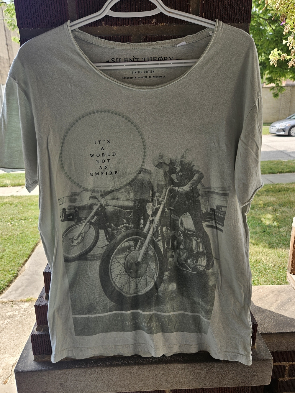 Silent Theory Graphic Tee - Sage Green with Motorcycle Print